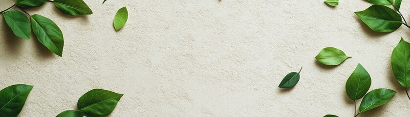 Poster - Soft, textured background features scattered fresh green leaves on a natural beige recycled paper surface, providing ample blank space for creative text overlay and design purposes