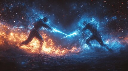 Wall Mural - Fire and ice warriors duel, cosmic sparks fly.