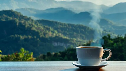 Wall Mural - Enjoying coffee with breathtaking mountain views in the morning light, A cup of coffee on a table with a stunning mountain view in the background