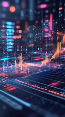 Poster - Increasing financial chart bars representing growing investment profits in a digital environment with binary code