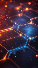 Aufkleber - Complex hexagonal network glowing in orange and blue with digital particles floating around, creating a futuristic and technological atmosphere