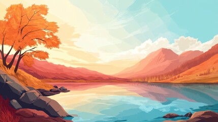 Wall Mural - Serene Autumn Lake Mountain Landscape at Sunset