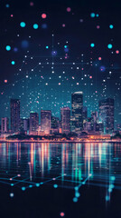 Poster - Network of connections over a city skyline reflected on water at night, representing the concept of smart city and internet of things