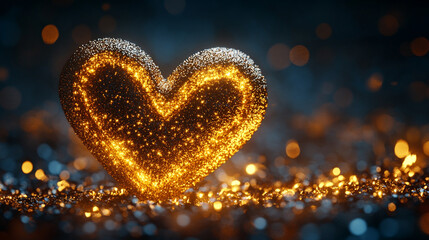 Poster - Glittering heart symbol illuminated with golden lights on a dark background