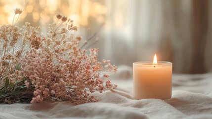 Aufkleber - A serene flat-lay captures the warm glow of a lit candle alongside gently arranged dried flowers. Soft light filters through, creating a peaceful atmosphere perfect for relaxation