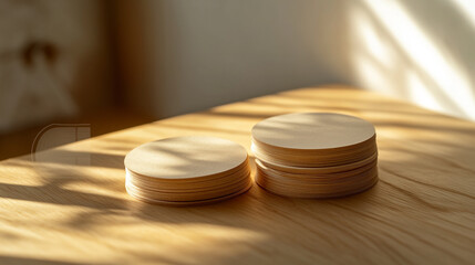 Poster - Wooden coasters arranged on a sunlit table highlighting shadows and textures