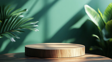 Poster - Display platform surrounded by lush green foliage and soft sunlight in a serene setting