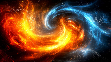 Wall Mural - Cosmic Fire and Ice: A Dance of Energy and Equations. Abstract science fiction artwork, vibrant colors, dynamic movement, and cosmic textures.