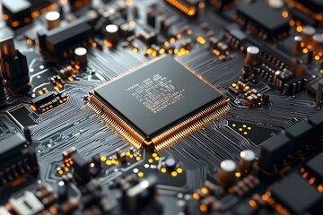 Poster - High Tech Circuit Board Microchip Technology Digital Modern Electronic Innovation Powerful Processor Computer Hardware Detailed Closeup Golden Connections      