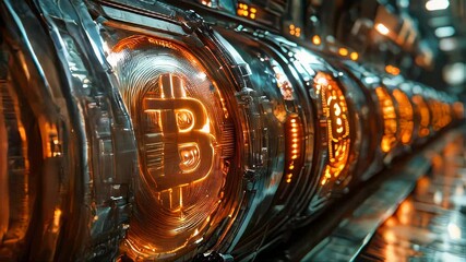 Poster - Virtual cryptocurrency vault with glowing Bitcoin symbols in a high-tech industrial environment, glowing in vivid orange and metallic hues