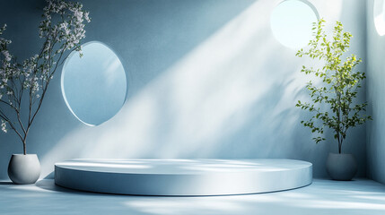 Poster - Bright and modern indoor space with circular windows and plant decorations