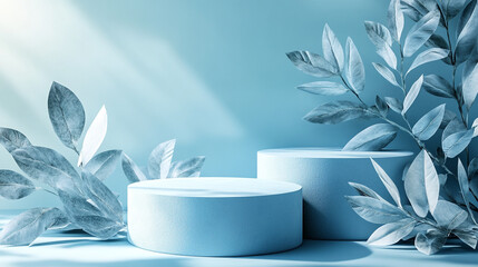 Poster - Minimalist display with blue background and circular pedestals featuring leafy decor