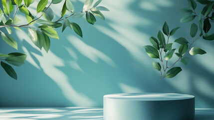 Poster - Floating circular platform surrounded by green leaves and soft shadows in a serene setting