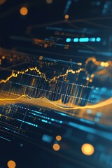Poster - This digital dashboard showcases a minimalist, tech-inspired wealth management design with abstract financial data illuminated in soft gold and blue tones against a dark backdrop