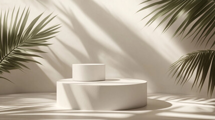 Poster - Minimalist display with circular pedestal and palm leaves in soft lighting