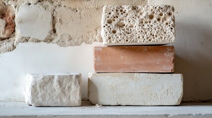 Poster - stacked bricks showcasing various textures and colors against a rustic wall background