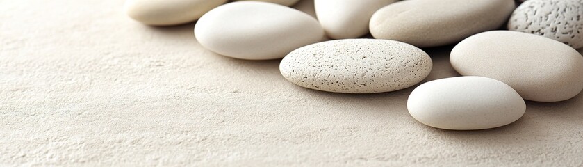Poster - smooth white and beige pebbles are scattered on a matte beige surface, illuminated by soft natural l
