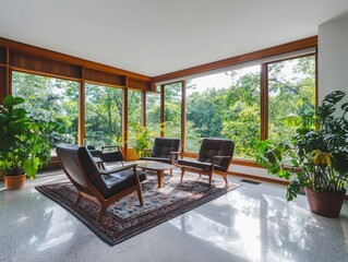 Poster - Home tour highlights authentic midcentury modern rooms residential location interior design showcase lush greenery surroundings captivating perspective timeless aesthetic