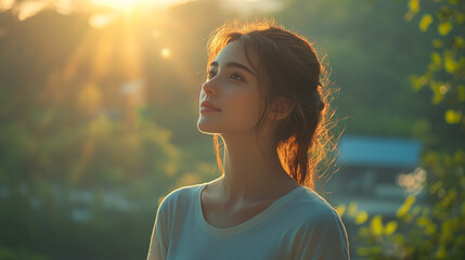 Wall Mural - Young woman admires golden sunlight in nature during peaceful evening hours