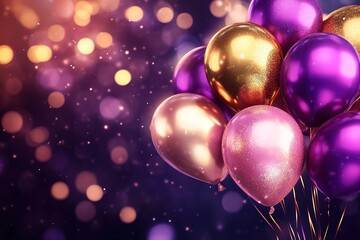 Poster - A playful disco-themed setting showcases floating metallic balloons in gold, pink, and purple, with soft glowing lights creating a joyful atmosphere perfect for celebrations