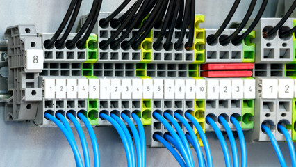 Poster - A bunch of wires are connected to a device. The wires are blue and white. The device is a computer