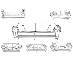 Wall Mural - Six sofas isolated on white background. Vector illustration in a sketch style