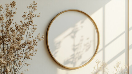 Poster - Circular mirror reflects light in cozy indoor setting with dried flowers and soft shadows