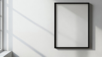 Poster - Empty frame on a bright white wall with natural light creating shadows in a minimalist space