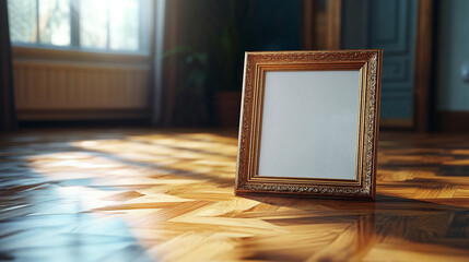 Poster - Empty ornate frame resting on wooden floor in a sunlit room, inviting creativity and reflection