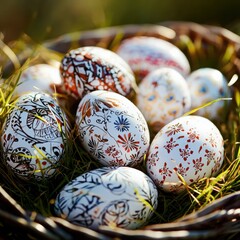 Vibrant easter eggs in a basket closeup shot nature setting morning light decorative art