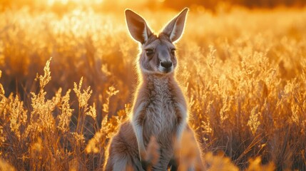 Wall Mural - A kangaroo is sitting in a field at sunset.