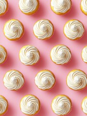 Wall Mural - A delightful array of vanilla cupcakes, each with a swirl of vanilla frosting. Perfect for a sweet treat or baking enthusiast.