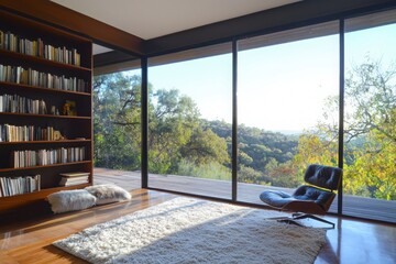 Poster - Cozy reading nook with midcentury modern furniture and large windows overlooking nature home interior bright and inviting space tranquil environment