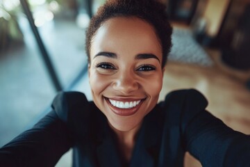 A cheerful African-American woman in a modern suit taking a selfie with a smartphone. Her radiant smile conveys joy and confidence.