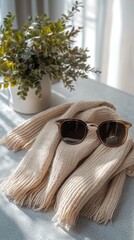 Aufkleber - Soft sunlight bathes a finely arranged flat-lay featuring a cozy cream scarf and vintage sunglasses. An inviting plant adds a touch of nature, enhancing the serene ambiance of the moment