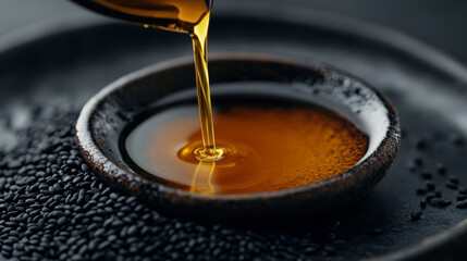 Rich sesame oil pouring into dark bowl surrounded by black sesame seeds, creating visually appealing contrast. smooth texture and golden hue evoke sense of culinary delight