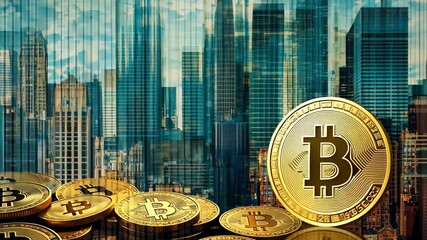 Poster - urban landscape blending business finance with cryptocurrency graphics in a modern city, business an