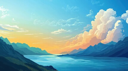 Wall Mural - Serene Mountain Lake Sunset Landscape Art