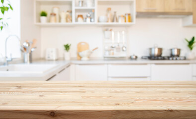 Wall Mural - empty wooden table with bright white interior of kitchen as blurred background