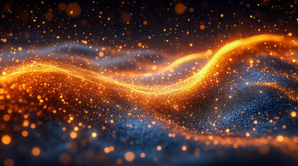 Poster - A glowing wave of golden and blue particles forming a fluid dynamic pattern, representing futuristic abstract art