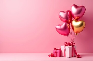 Wall Mural - Valentine's day card.  Balloons with gifts on pink background in the form of hearts. Valentine's Day. 