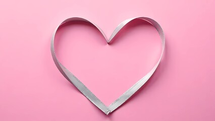 Wall Mural - Silver ribbon heart on pink background. Valentine's Day card layout