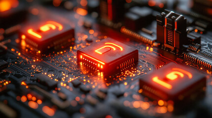 Poster - Close-up of a glowing microchip on a circuit board, emitting orange light. Futuristic technology concept