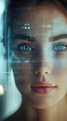 Aufkleber - biometric security scan analyzes woman's eyes with futuristic digital interface, ensuring advanced r