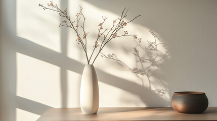 Poster - Elegant vase with branches casting shadows on a wall in softly lit room