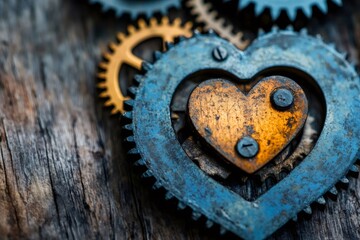 Leinwandbilder - Golden heart framed by interlocking gears symbolizing love and mechanism