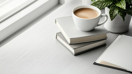 Poster - This clean and organized workspace combines a stack of neutral-colored books, a steaming cup of coffee, and a green potted plant, all beautifully arranged by the sunlit window