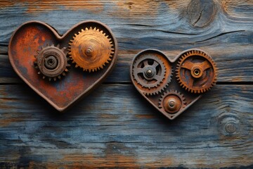 Leinwandbilder - Two rusty metal hearts with gears are showing eternal steampunk love on wooden background