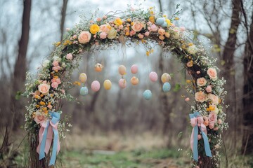 Wall Mural - Easter eggs hanging from floral arch in forest setting