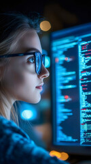 Aufkleber - Female programmer focused on reading source code displayed on a computer screen while working late at night in a tech-driven environment